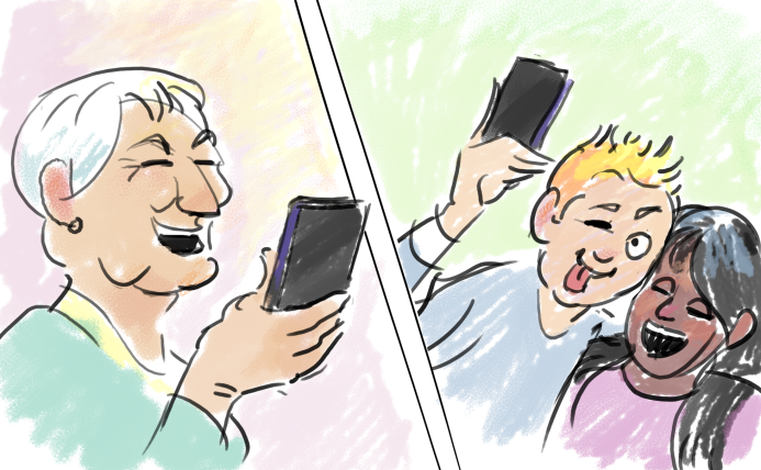 Tekening van digitaal samenspelen om contact te houden met ouderen