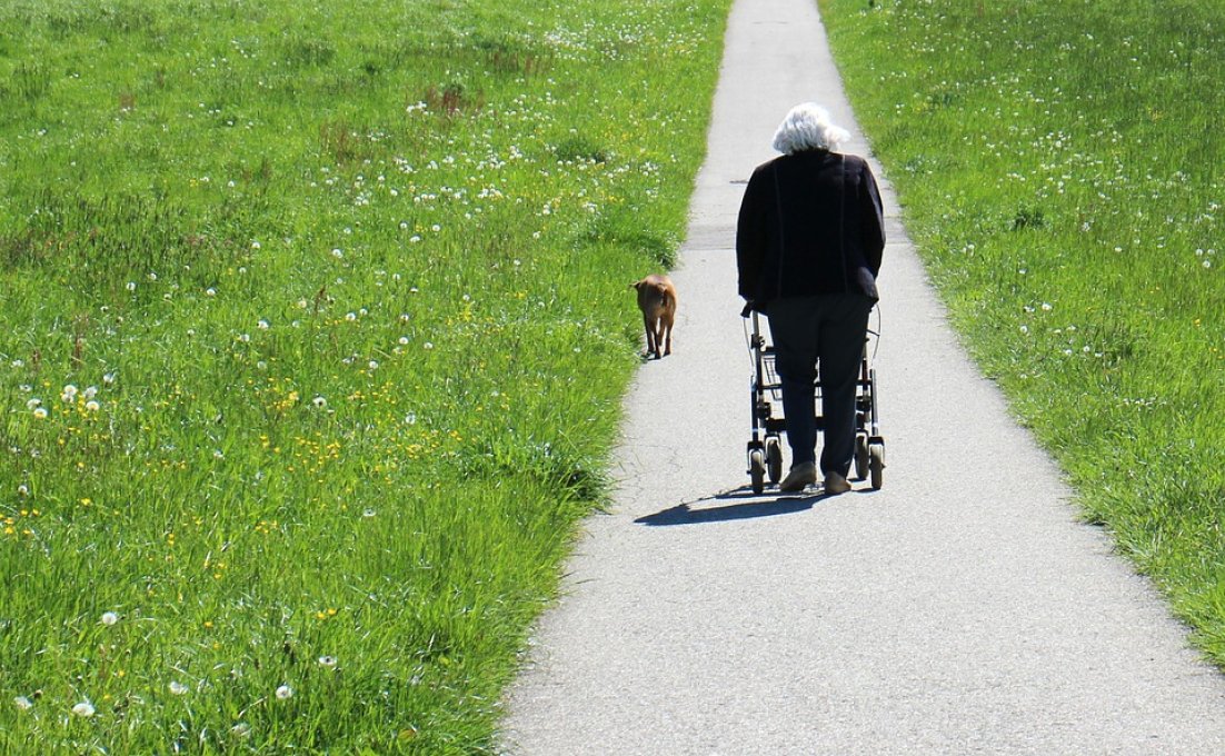 Vrouw achter rollator loopt met hondje buiten en dwaalt met dementie 