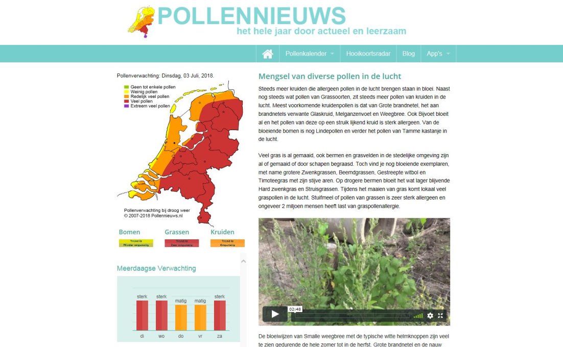 Homepage Pollennieuws.nl die laat zien welke pollen nu in de lucht zijn